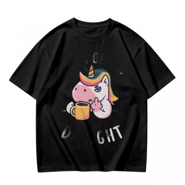 Oversized Olive T-Shirt With Sassy Unicorn Holding Coffee Print