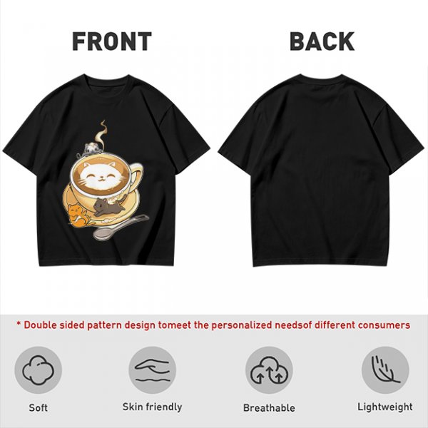 Olive Green T-Shirt With Cute Cat Latte Art And Kittens Print