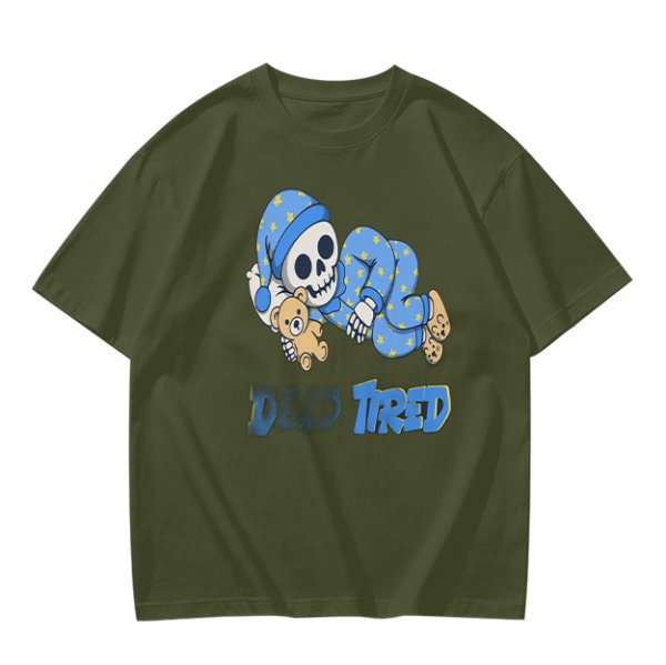 Olive T-Shirt with Sleeping Skeleton in Pajamas 'Dead Tired' Print