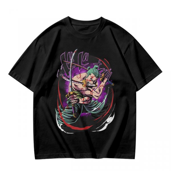 Olive T-shirt with One Piece Roronoa Zoro Three Sword Style Print