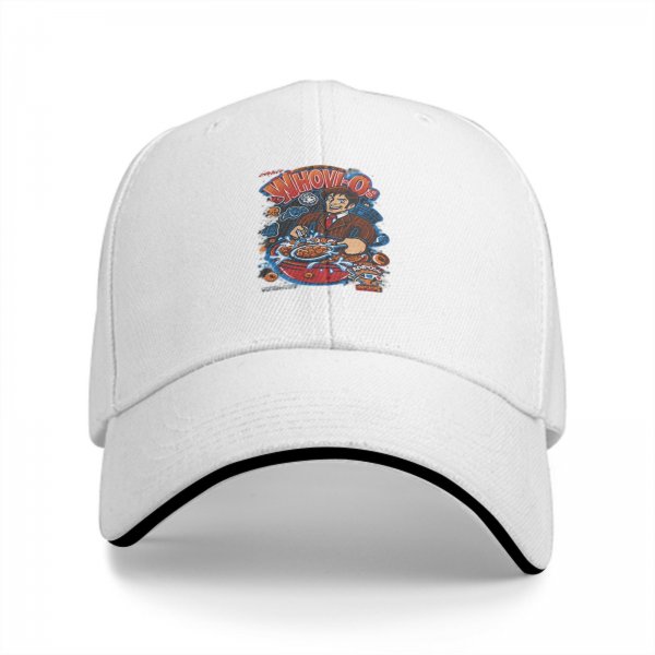 Black baseball cap with Doctor Who themed Whov-Os cereal graphic