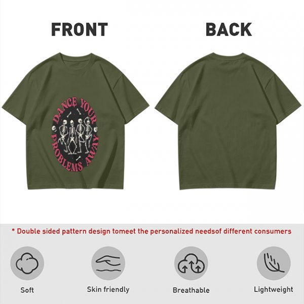 Olive T-shirt with Dancing Skeletons and 'Dance Your Problems Away' Text