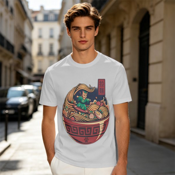 Olive T-shirt with Samurai Cat Surfing Ramen Bowl Art