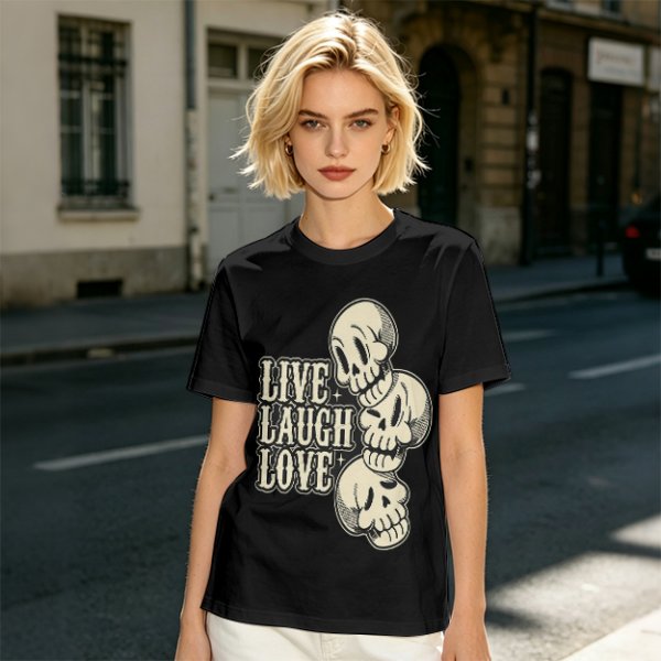 Olive Graphic T-Shirt with Live Laugh Love and Stacked Skulls