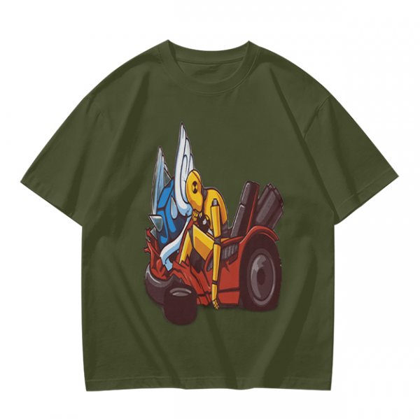 Olive T-Shirt With Cartoon Robot And Winged Vehicle Graphic