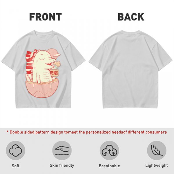 Olive t-shirt with a cartoon dinosaur in a ramen bowl graphic