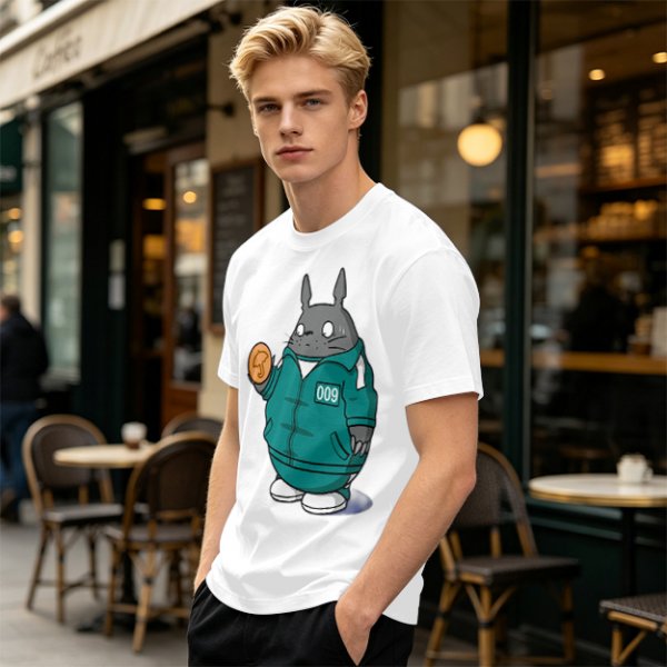 Totoro in Squid Game tracksuit holding umbrella honeycomb cookie t-shirt