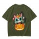 Olive t-shirt with sugar skull cat on jack-o'-lantern
