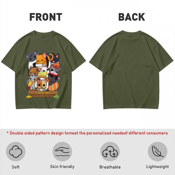 Olive T-Shirt With Cute Sushi Cat Stack Graphic Print