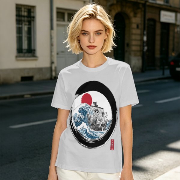 Olive T-shirt with Great Wave Enso Circle and Red Sun Print
