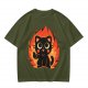 Olive T-Shirt With Cute Black Cat Thumbs Up On Flames Graphic