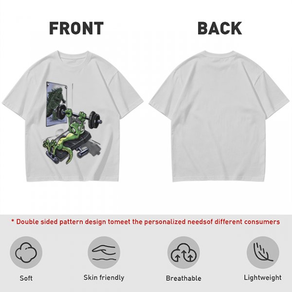 Olive T-shirt with cartoon lizard bench pressing weights in gym mirror
