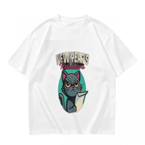 Olive green graphic t-shirt with grumpy cat holding New Year's resolutions