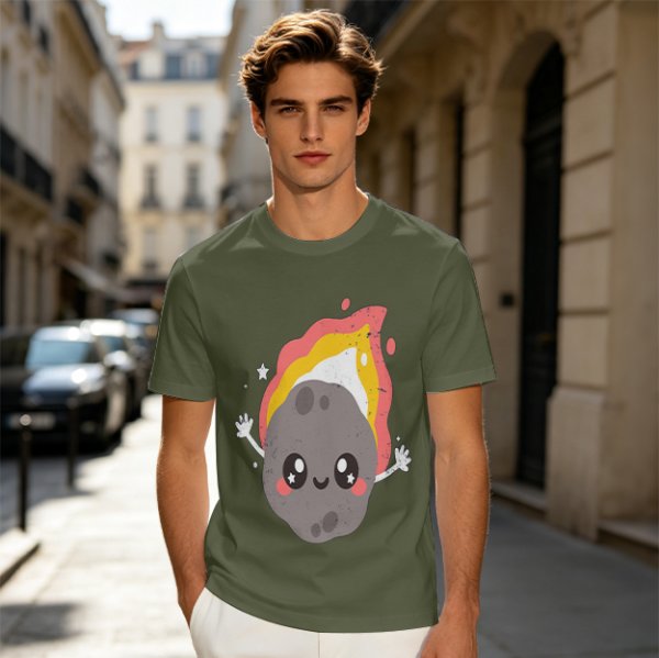 Olive green t-shirt with cute cartoon flaming asteroid graphic