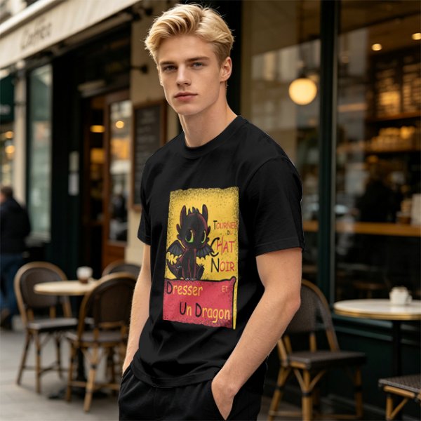 Olive t-shirt featuring Toothless dragon and Chat Noir themed text