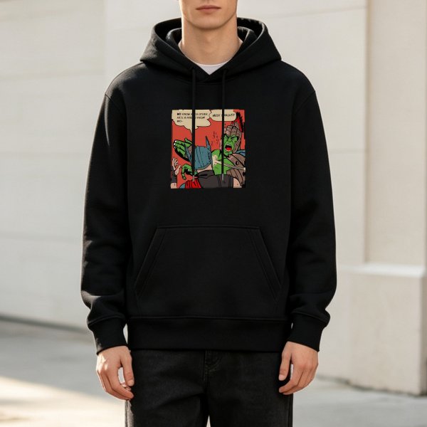 Black hoodie with Thor and Hulk comic book style graphic