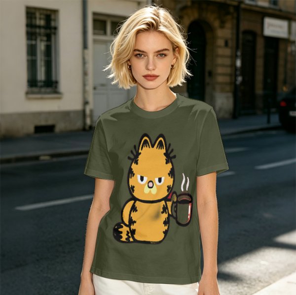 Olive T-Shirt With Grumpy Orange Cat Holding Hot Coffee Print