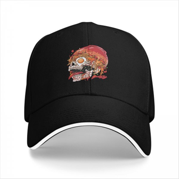 Black Baseball Cap With Ramen Skull Graphic Print
