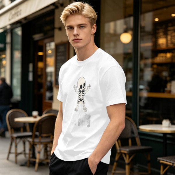 Olive green t-shirt with cute cartoon skeleton graphic