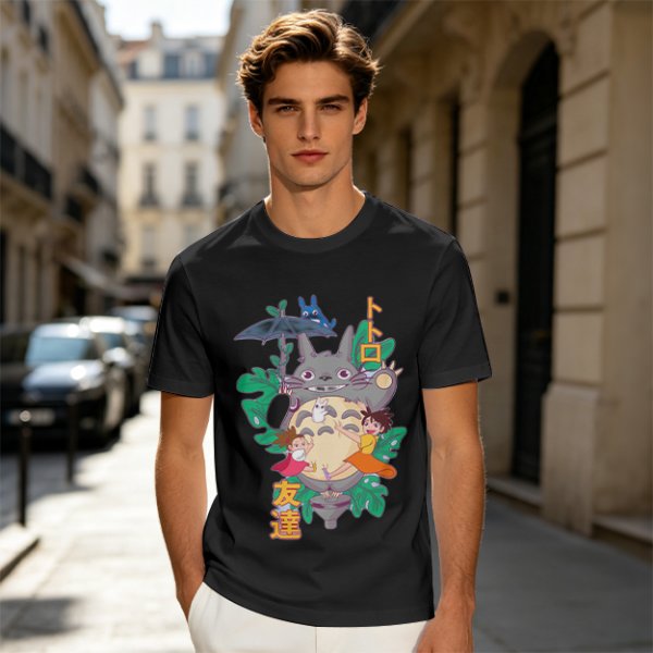 My Neighbor Totoro Graphic T-Shirt with Anime Characters and Leaves