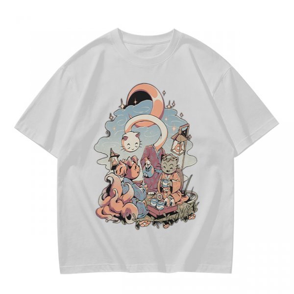 Olive T-Shirt With Whimsical Cat Crescent Moon Artwork