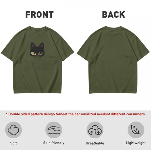 Olive Green T-Shirt With Black Cat Head Graphic Print