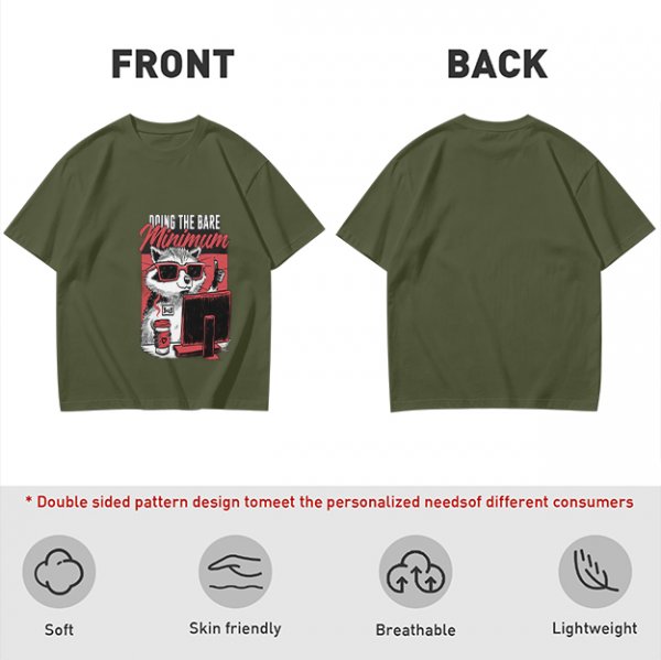 Olive graphic t-shirt with raccoon doing the bare minimum at computer