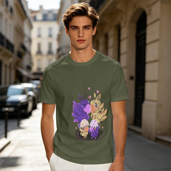Olive T-Shirt With Cute Fantasy Bird Family Print