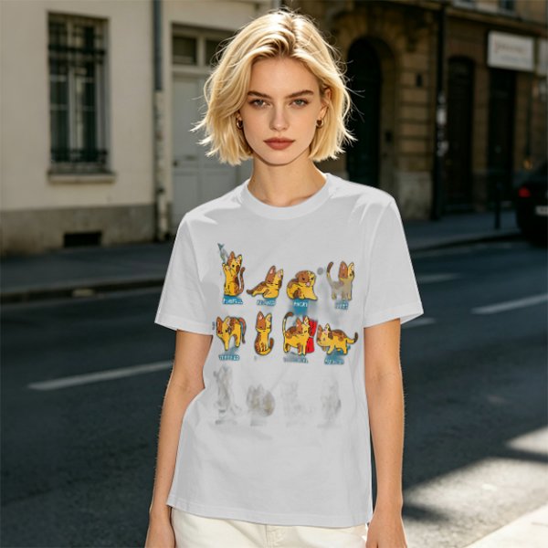 Olive Green T-Shirt With Cute Cartoon Cat Illustrations