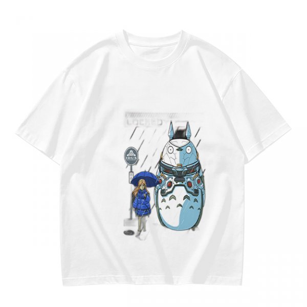 Olive T-Shirt with Mech Totoro and Girl at Bus Stop Print