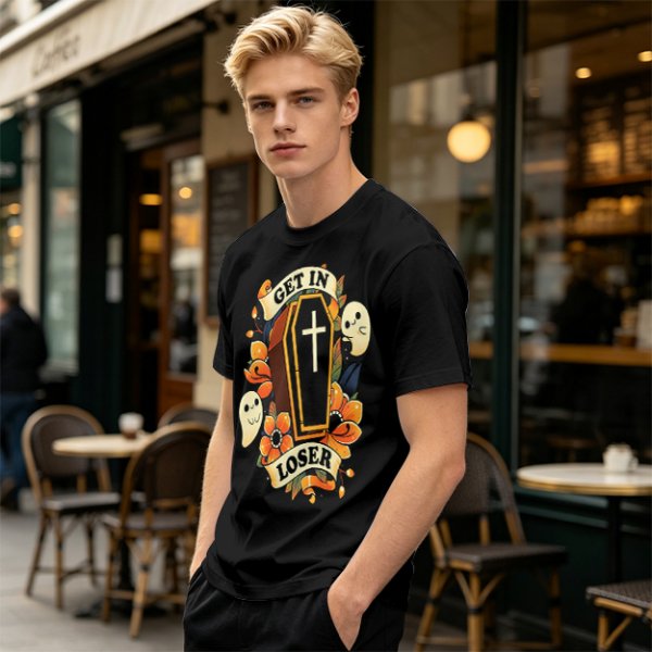 Olive Halloween T-Shirt with Get In Loser Coffin Ghost Floral Art
