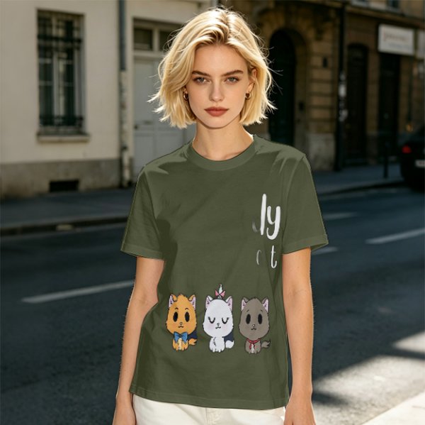Olive T-Shirt With Cute Kitten Illustrations And Text Print