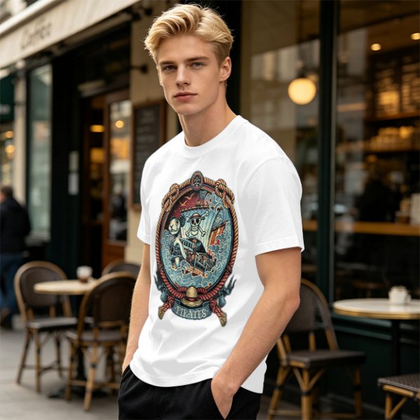 Olive Green Pirate Themed T-Shirt with Ship and Skull Graphic