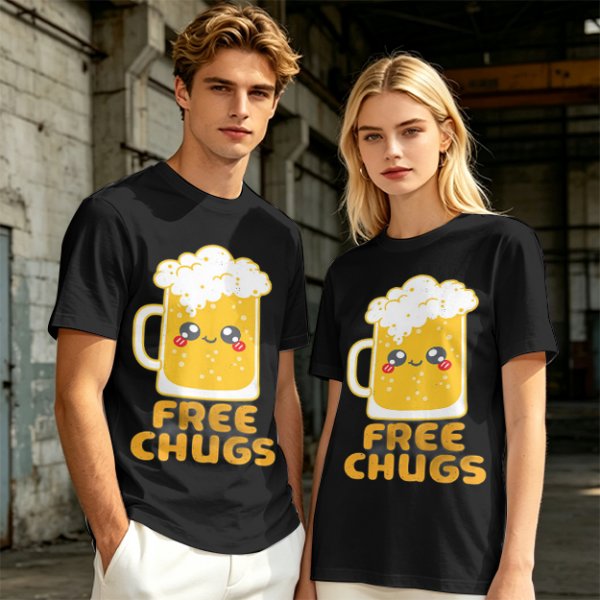 Olive Green T-Shirt With Cute Kawaii Beer Mug Free Chugs Print