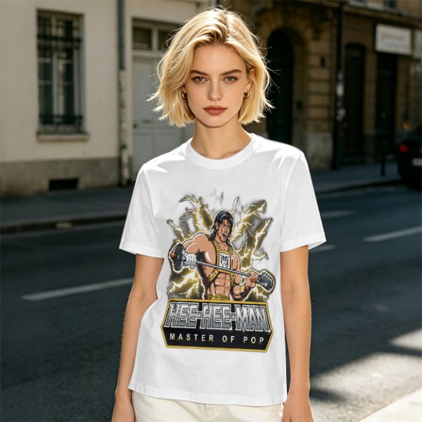 Olive T-shirt with Hee-Hee-Man Master of Pop Lifting Barbell Graphic