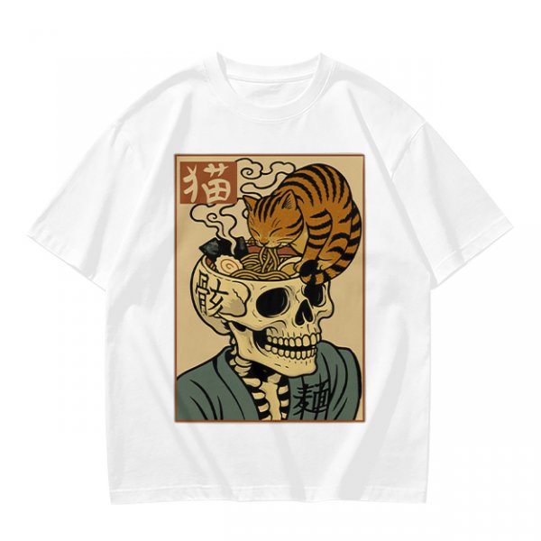 Olive t-shirt with a skull ramen bowl and a napping tabby cat print