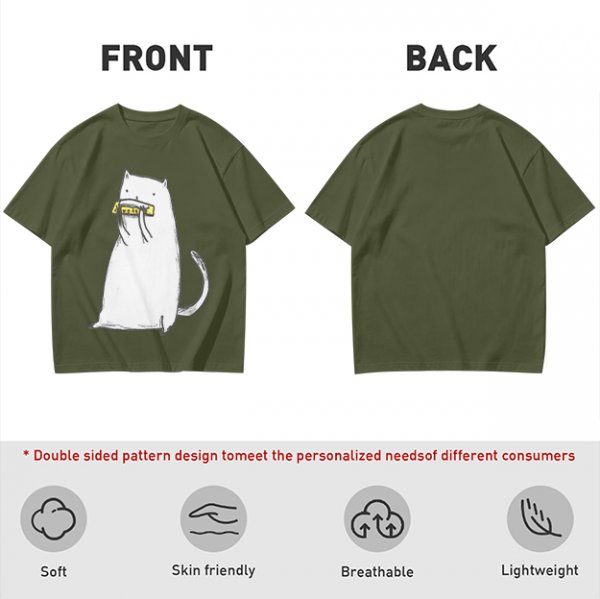 Olive T-Shirt With White Cat Playing Harmonica Graphic