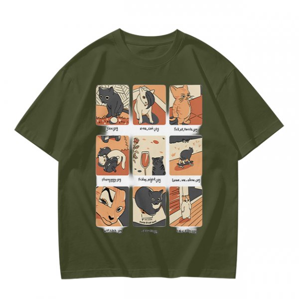 Olive T-Shirt with 9 Grid Cute Cat Illustrations Print