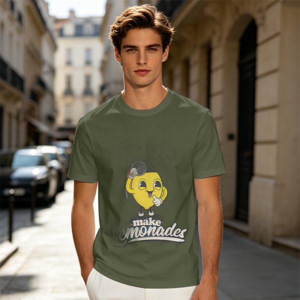 Olive green t-shirt with cheerful lemon mascot graphic and make lemonades text