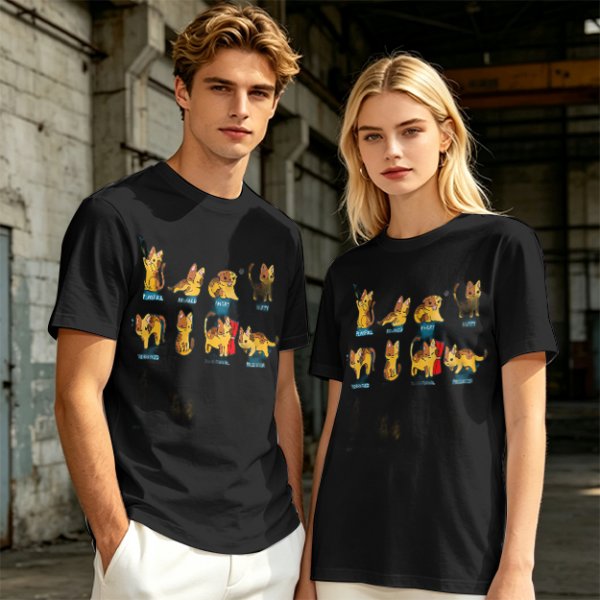 Olive Green T-Shirt With Cute Cartoon Cat Illustrations
