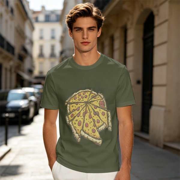 Olive Green T-Shirt With Pepperoni Pizza Slice Graphic