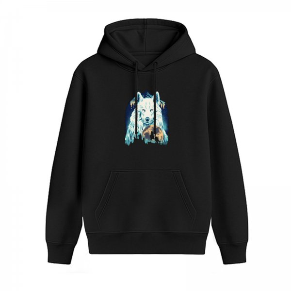 Black Hoodie With White Wolf And Moon Graphic Print