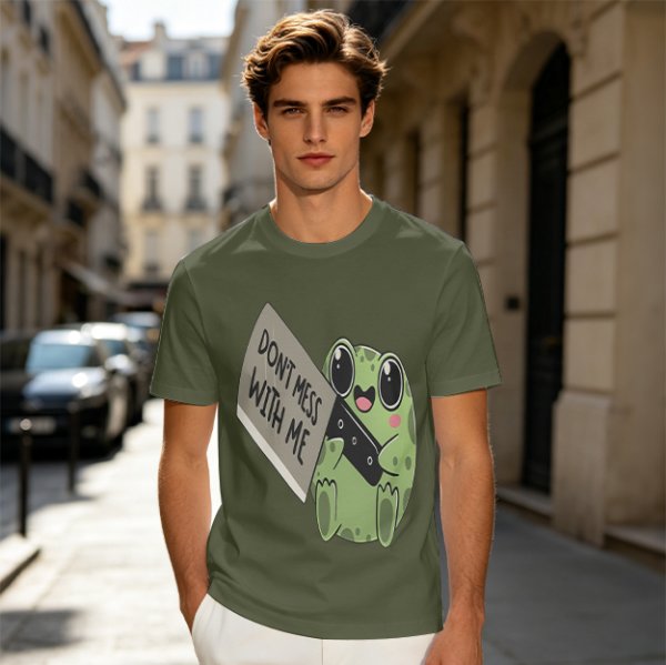 Olive t-shirt with cute frog holding knife and 'Don't mess with me' text