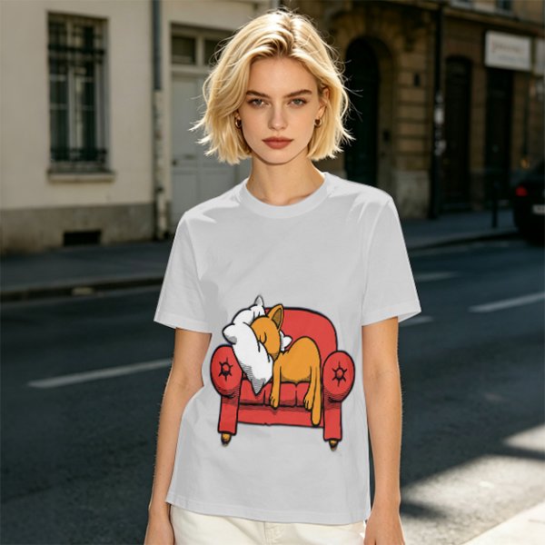 Olive green t-shirt with a sleeping orange cat on a red armchair print