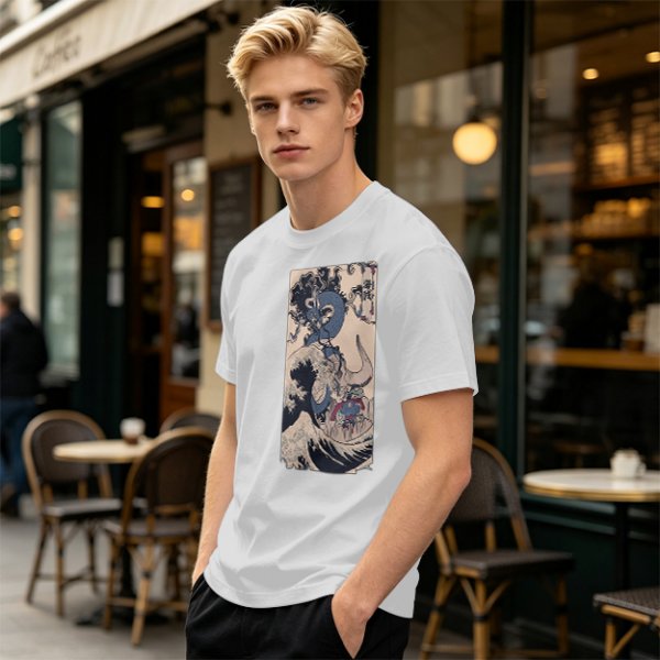 Olive T-Shirt with Japanese Ukiyo-e Dragon and Wave Print