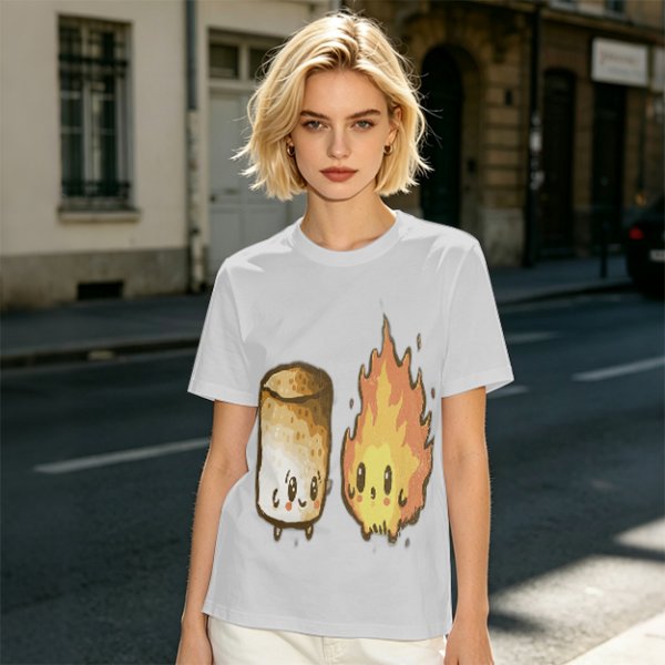 Olive T-Shirt With Cute Roasted Marshmallow And Fire Graphic