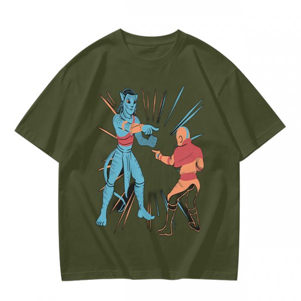 Olive T-shirt with Avatar Na'vi and Aang Pointing Meme Art