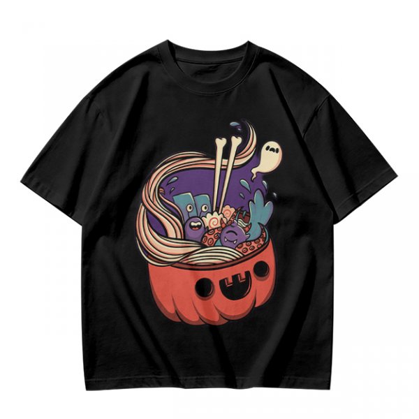 Halloween pumpkin ramen bowl with cute monster graphic t-shirt