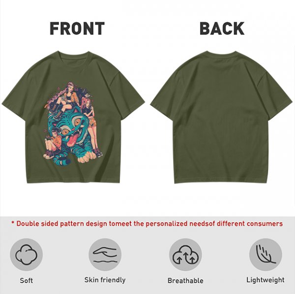 Olive T-Shirt With Girls On A Teal Tiger Graphic Print