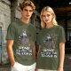 Olive t-shirt with raccoon in trash can and funny home quote